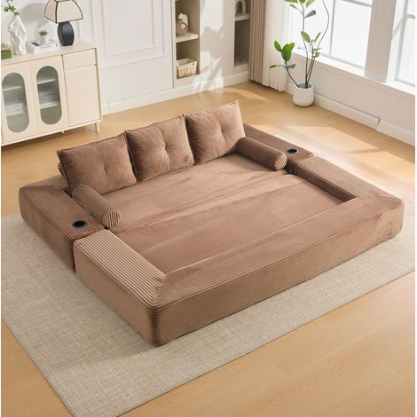 MODFU – Sofá cama modular 232x98 cm de pana marrón con bolsillos, portavasos y muelles – Marrón (1/5)