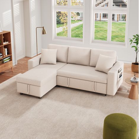 CHICFURN Sofá cama esquinero reversible 219,5 × 142,5 × 83 cm, poliéster beige con arcón (1/5)