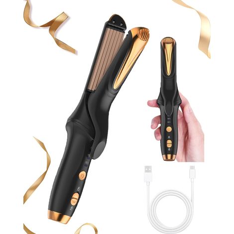 Fer à friser sans fil 4000mAh pour femme, lisseur ondulant 150-180°C, fer à boucler USB rechargeable volume, chauffe rapide 15s, mini fer à vapeur pour cheveux courts, appareil à onduler portable voya (1/5)