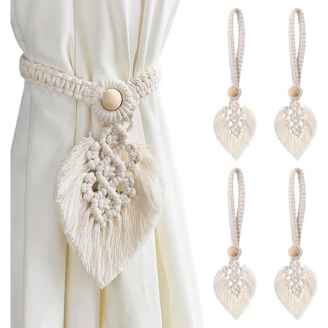 Embrasse pour Rideaux Boheme, 4pcs Attache Rideau Feuille Deco Bohème, Corde de Coton Tissées à la Main avec Perles en Bois pour Salon Maison Chambre Salle de Bains - Beige (1/5)
