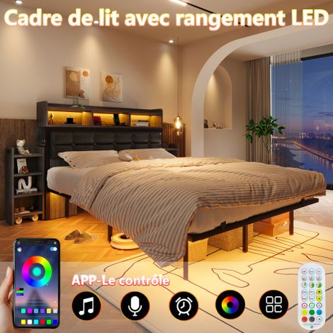 Lit double 140190 cm avec sommier et tête de lit, avec 2 tables de nuit amovibles, avec compartiments de rangement, avec fonction de charge pour téléphone (interface TYPE C et USB), avec LED (1/5)
