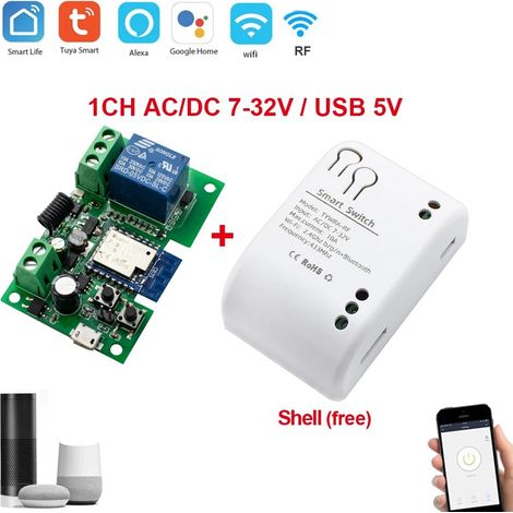 Interrupteur intelligent WiFi Tuya, module de commutation DIY avec minuterie 220 V, commande vocale RF, 2 canaux,1CH DC 7-32V Shell (1/4)
