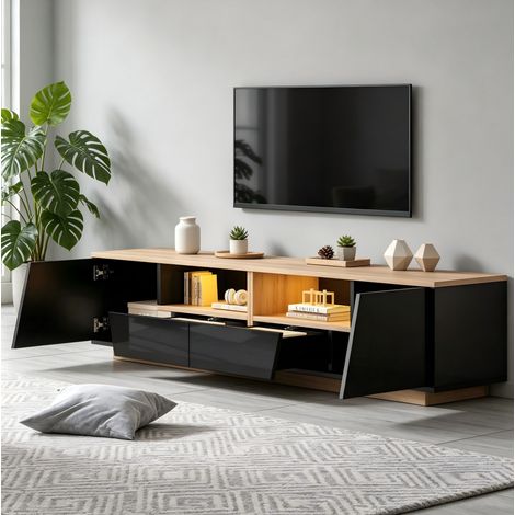 Mueble para TV de 180x40x46 cm con iluminación LED, 2 cajones, 2 armarios y nichos semiabiertos, tablero de partículas negro. (1/5)