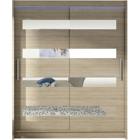 Armoire Closico 136, Sonoma chêne, 200x150x58cm, Portes d'armoire: Coulissantes, Nombre d'étagères: 5, LED (1/4)
