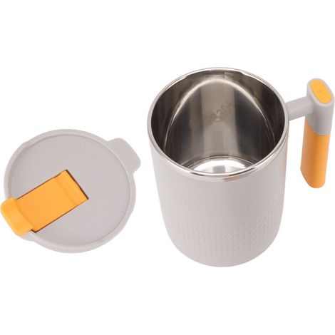Mug isotherme en acier inoxydable 450 ml avec couvercle et poignée, gris clair, idéal pour le bureau, l'école et la maison.