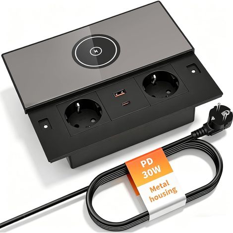 Prise Encastrable 2 Prises avec 30W PD, 1 USB-C et 1 USB-A, Couvercle Prise Mécanisme Coulissant, Boîtier Métallique, Câble d’Alimentation 1,8m, pour Bureau, Salle de Jeux, Espace Travail 200x92x57mm (1/5)