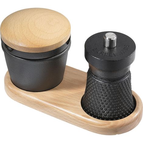 Lot de 3 moulins à poivre en fonte, broyeur en céramique précis, râpe à épices avec compartiment de rangement, dessous de plat en bois de hêtre, idéal pour la cuisine et la table (1/5)