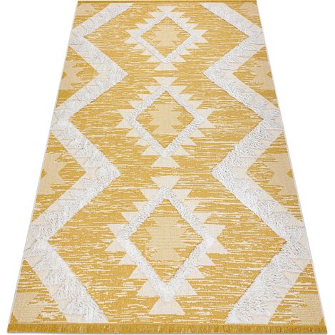 Tappeto ECO SIZAL BOHO MOROC Quadri 22312 frange - due livelli di pile giallo / crema, tappeto in cotone riciclato yellow 117x170 cm