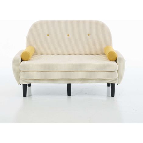 Canapé 2 places en velours côtelé ivoire, dossier réglable, banquette lounge pour salon modulable, avec 2 coussins ronds, structure métal – CHICFURN (1/5)