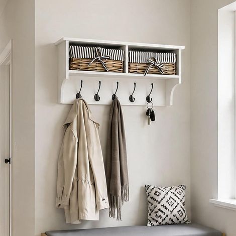Radcliffe Wall Mounted Coat Rack Wicker Baskets and Top Storage Shelf - White (1/5)