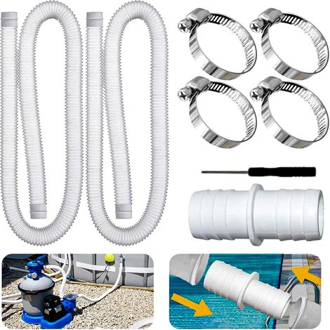 Due tubi flessibili per pompa da piscina da 32 mm, lunghezza totale 150 cm, resistenti ai raggi UV e al cloro, con fascette di fissaggio - colore bianco. (1/5)