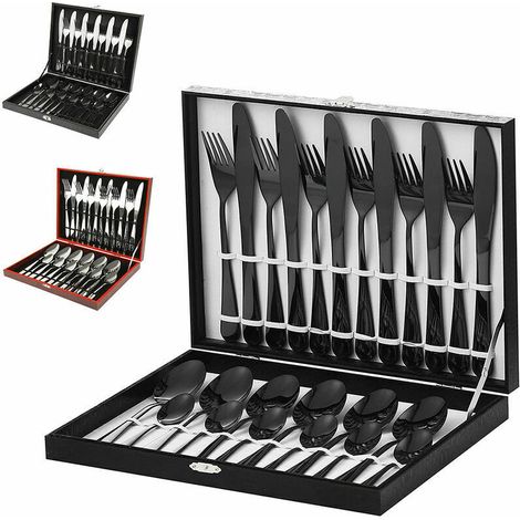 Cutlery Set Stainless Steel 24 Pieces 6 People, Light Weight Cutlery Range Spoon Fork Knife Table Cutlery Black.