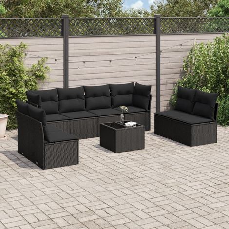 Set de sofás de jardín 8 piezas y cojines ratán sintético negro vidaXL (1/3)