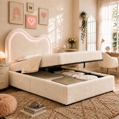 Cama infantil 90 x 200 cm con almacenaje hidráulico, somier de láminas y cabecero blanco bouclé (1/5)