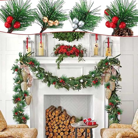 Branches de Sapin Artificielles Naturelles avec Baies Rouges et Pommes de Pin Petites Branches de Noël Décoratives Guirlandes de Noël Mariage Hivernal (1/3)