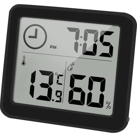 Digital Thermometer/Hygrometer Large 3.2” LCD Screen Indoor Ambient Temperature and Humidity Monitor with Clock (Black)