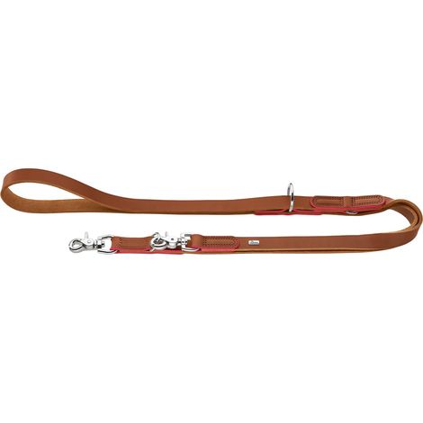 Laisse réglable en cuir de vachette souple, robuste et confortable, avec bords contrastés teints à la main, réglable sur 3 positions, couleur : cognac/rose, taille (1/4)