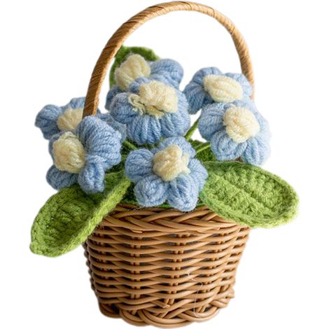 Cesta de flores en miniatura [Azul] Maceta de ganchillo hecha a mano, flor de hojaldre, decoración de oficina, flor preservada tejida (1/4)