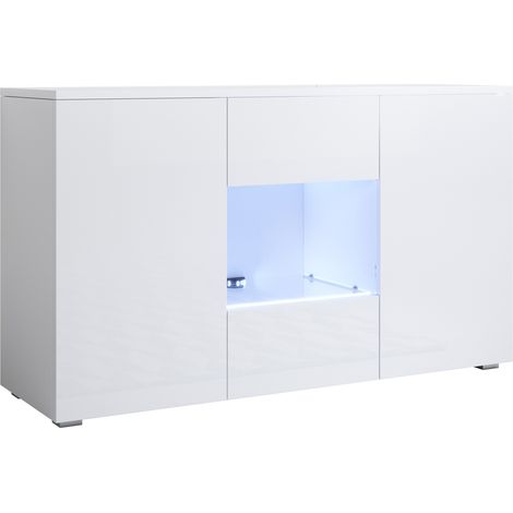 Aparador de salon con LED con patas 2cm 2 puertas 1 vitrina Mueble de salon 120x72x40cm Modelo Luke A2 Blanco brillo
