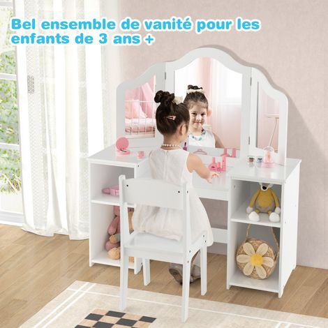 Coiffeuse pour Enfants 2 en 1 avec Chaise Miroir Amovible à Trois Volets 4 Compartiments de Stockage Blanc Maison Chic (1/4)