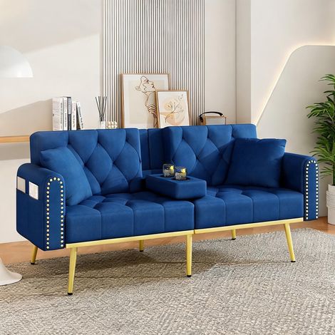 Canapé convertible bleu en velours 3 places 175 x 80 x 73,5 cm (1/5)