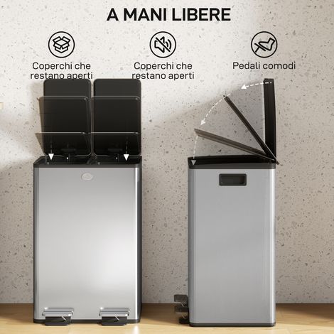 Poubelle de tri argentée 28L, 2 bacs silencieux en acier inoxydable et PP, 45,8x36x67,6 cm (1/5)