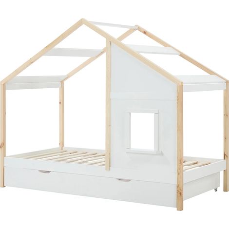 Letto a casetta 90 x 190 cm con cassetto - Pino e MDF - Bianco e naturale - RINELYA (1/5)