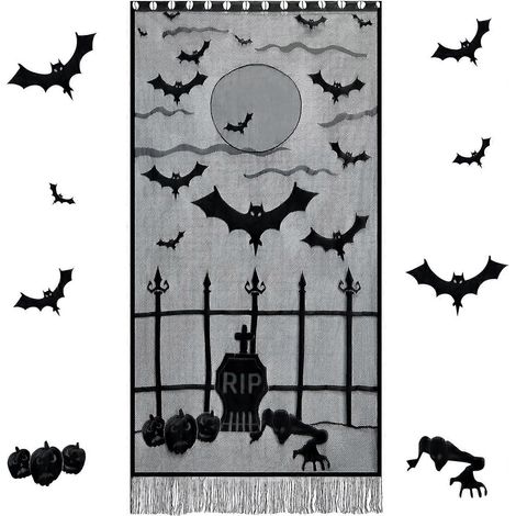 Rideau en dentelle à motif de chauve-souris et toile d'araignée noire pour Halloween, décoration de porte effrayante pour une fête d'Halloween, décoration intérieure (40 x 84 pouces/101 x 213 cm) (1/5)