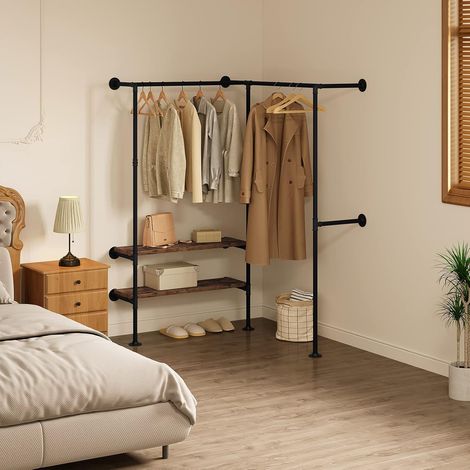 WOLTU Guardaroba per Cabina Armadio a Muro. Porta Abiti in Tubi d'Acciaio e 2 Ripiani in Legno. Appendiabiti Industriale e Vintage per Camera da Letto. Nero+Marrone (1/5)