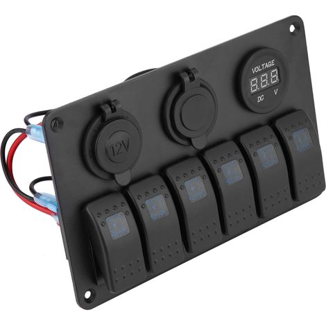 6-stufiger 12V/24V LED-Wippschalter für Auto/Boot, Bedienfeld mit dualem USB-Voltmeter und Zigarettenanzünderbuchse, blau (1/5)