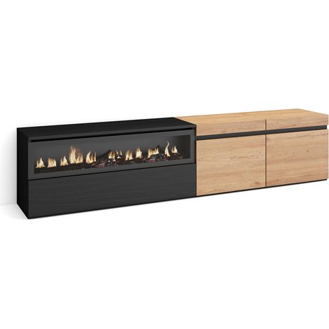 Skraut Home - Mueble TV, Televisión, Muebles de salón, almacenaje, 200x45x35cm, Para TV hasta 80", Chimenea eléctrica, Estilo Moderno, Roble y negro (1/5)