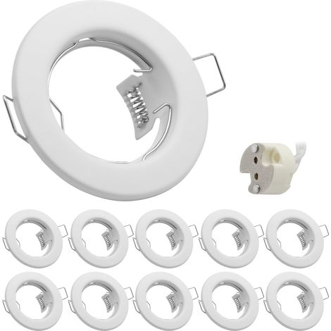 Cadre de montage rond blanc pour spot LED encastrable (plafond) – Fixation métallique pour spots MR16, GU10 et ampoules halogènes – Douille MR16 incluse – Lot de 10