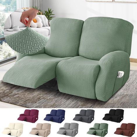2-Sitzer Sessel Überzug, Sesselbezuge Stretch mit Taschen, All-Inclusive Streifen-Jacquard Sesselschoner für Fernsehsessel Relaxsessel Sesselhusse (Hellgrün, 6-Teilig)