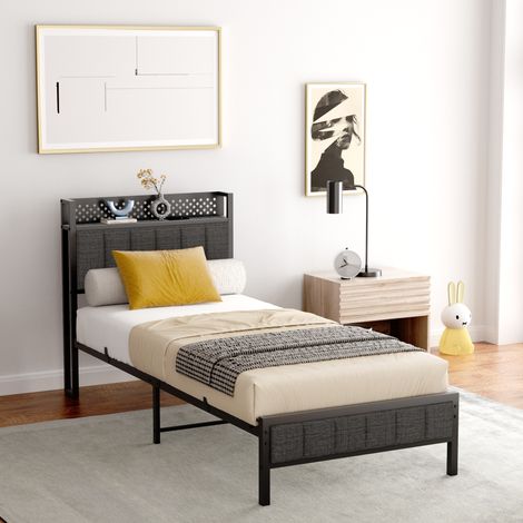 Lit en métal noir avec rangements et ports USB - 90x200 cm (1/5)