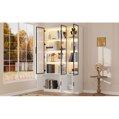 Vitrine haute blanche en MDF et verre avec 6 portes, éclairage LED par application et fermeture douce, pour séjour et bureau (1/5)