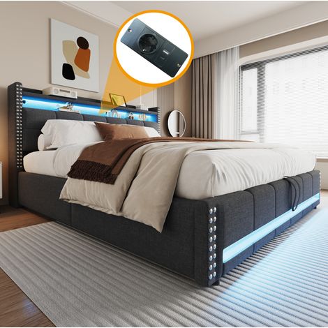 Polsterbett 180/200 cm grau aus Leinenstoff mit LED, USB-Steckdose und Stauraum (1/5)