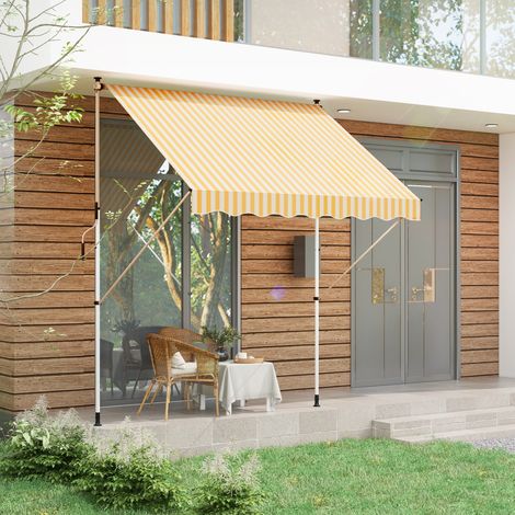 Outsunny manuelle, einziehbare Markise 3 m x 1,5 m (L x B), Teleskopdach, kein Bohren erforderlich, Neigung und Höhe verstellbar, schnelle Montage, Aluminium und Polyester, UV-beständig, orange-weiß g