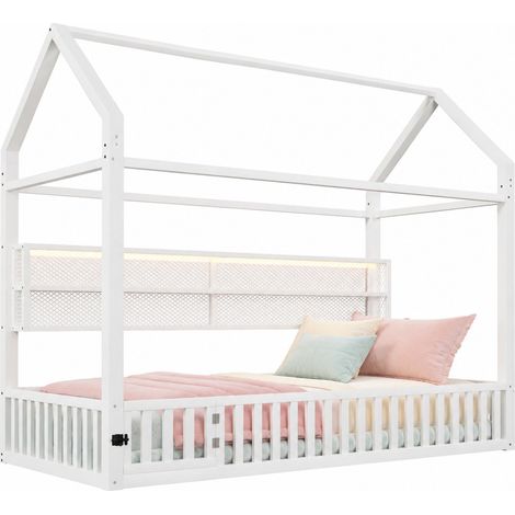 Letto a casetta per bambini 90x200 cm in metallo bianco con sponde e LED 7 colori - CHICFURN (1/5)