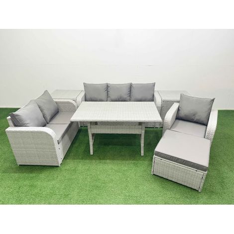 Fimous Patio PE Wicker 7 Seater Outdoor Rattan Furniture Sofa Sets with Rectangular Dining Table Reclining Chair Loveseat Sofa 3 Seater Sofa Big Footstool 2 Side Table Light Grey (1/4)