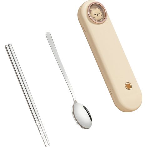 Ensemble cuillère et baguettes avec étui de voyage en acier inoxydable, couleur crème.