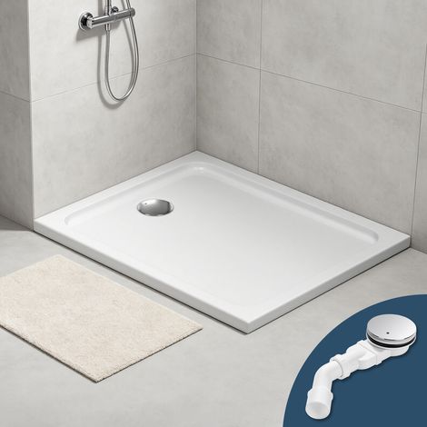 Wolketon Receveur de douche extra-plat 100 x 80 cm rectangulaire blanc avec évacuation Ø 90 mm noire (1/5)