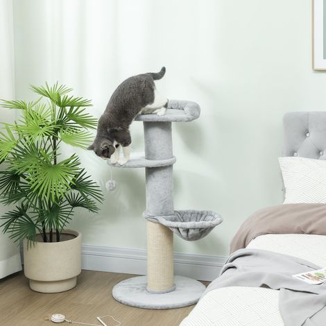 Griffoir à chat en sisal multi-niveaux avec tissu pelucheux gris clair et boule suspendue