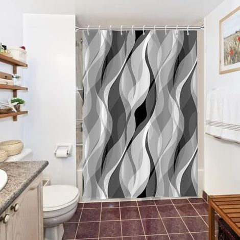 Rideau Douche Anti Moisissure, Rideau de Douche Gris Clair Abstrait Rayure Noir Rayé Rideaux de Baignoire Tissu Imperméable Polyester Lavable Rideaux Salle de Bain avec 10 Crochets 180x220cm (1/4)