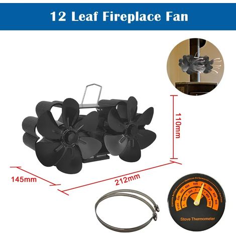 Ventilateur de cheminée à 12 pales, silencieux, alimenté par la chaleur, pour poêle à bois d'intérieur, avec thermomètre intégré et réchauds de cuisson portables. (1/5)