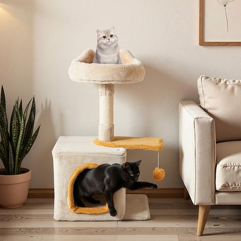 Pour chatons et chats, facile à intégrer, arbre à chat compact avec niche, perchoir rembourré et base stable (1/5)