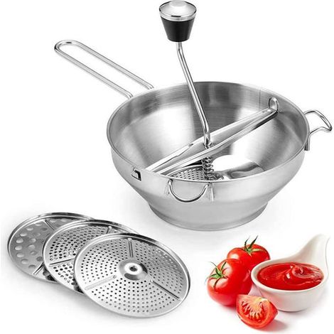 Presse Purée Manuelle Inox, 3 Disques, Poignée Antidérapante, pour Pommes de Terre, Sauce, Compote (1/5)