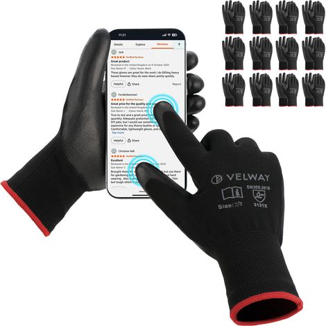 Velway Gants Travail 12 Paires - Revêtement PU Antidérapant Jardinage Bricolage - Taille 7/S (1/5)
