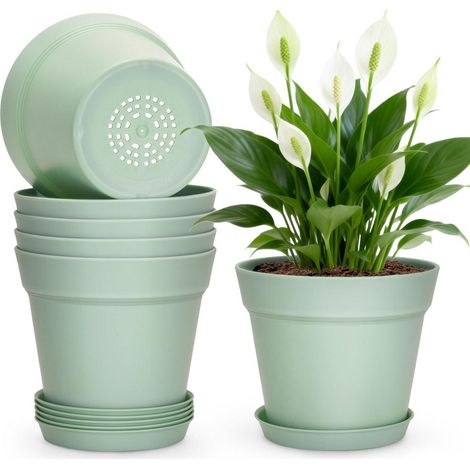 6er Set Blumentöpfe mit Untersetzer 15cm Grün, Kunststoff Pflanztopf für Kakteen & Kräuter (1/5)