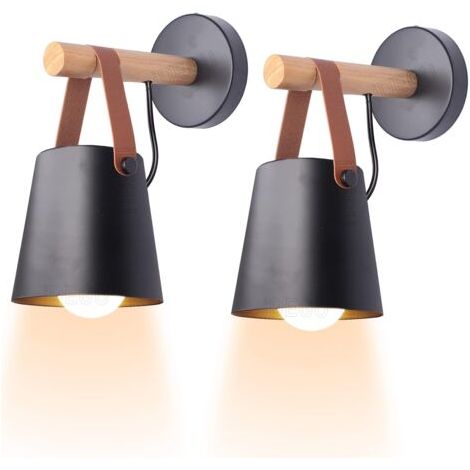 Pair - Lot de 2 appliques murales d'intérieur minimalistes vintage, lampe murale moderne E27, luminaire, abat-jour en métal avec support en bois pour chambre à coucher, bureau, couloir (1/5)