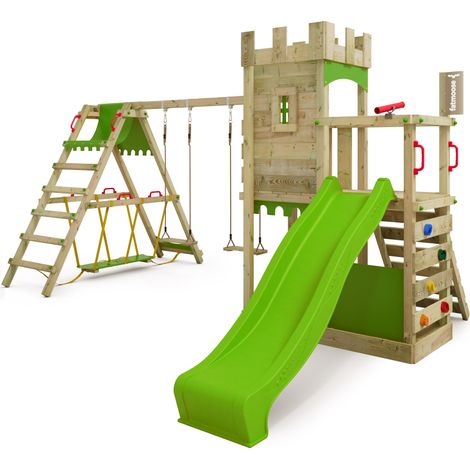 FATMOOSE Parco giochi in legno BoldBaron Giochi da giardino con altalena SurfSwing e scivolo mela verde Casetta da gioco per l'arrampicata con sabbiera e scala di risalita per bambini (1/5)